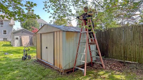 Metal Backyard Shed Makeover - At Charlotte's House Painting Metal Storage Building, Metal Garden Shed Ideas, Painted Metal Shed Ideas, Shed Facelift, Shed Redo Ideas, Metal Storage Building Makeover, Metal Shed Painting Ideas, How To Paint A Metal Shed, Aluminum Shed Makeover