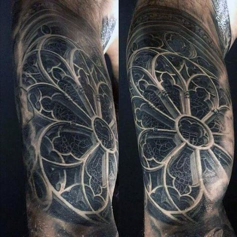 3d Realistic Church Stained Glass Window Tattoo On Man Rose Window Tattoo Design, Gothic Windows Tattoo, Tato Mata, Cathedral Tattoo, Church Tattoo, Window Tattoo, Gotik Tattoo, Stained Glass Tattoo, Catrina Tattoo