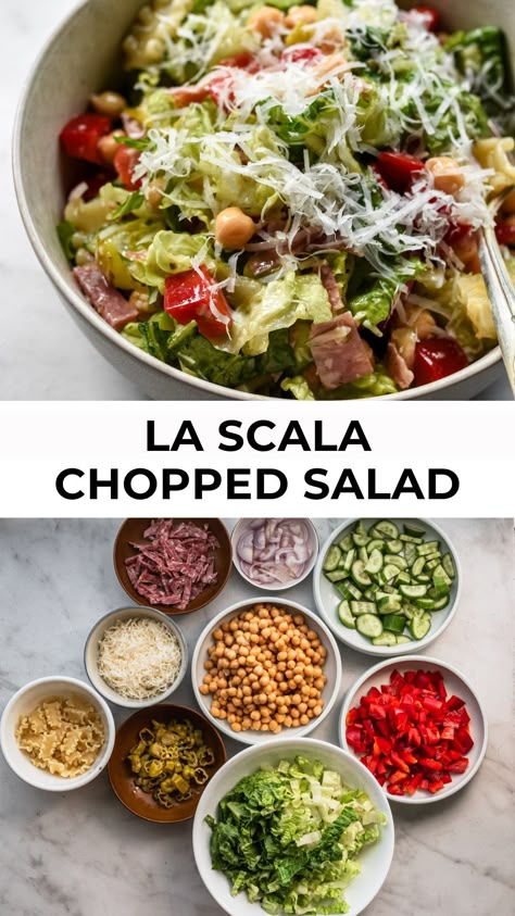 A delicious, Italian-style salad packed full of flavor: the famous La Scala Chopped Salad. This TikTok viral salad tastes like an Italian sub with salami, pepperoncini, and marinated chickpeas. The Italian-style vinaigrette makes it especially punchy and bright. It's so easy and so good—an Italian chopped salad you'll enjoy all summer long! Spicy Italian Salad, Famous La Scala Chopped Salad, Best Italian Salad Recipes, La Scala Salad Recipe, Sub Salad Italian, Italian Chopped Salad Recipes, Italian Chop Salad, La Scala Chopped Salad Recipe, Italian Chickpea Salad