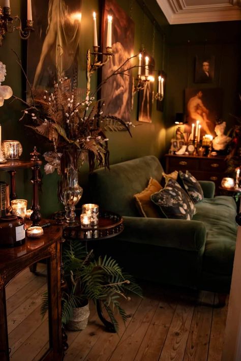 Moody Cottage Core Living Room, Deep Green Living Room Walls, Whimsigoth Living Room, Moody Green Living Room, Olive Walls, Witchy Apartment, Cottage Core Living Room, Dark Green Rooms, Green Walls Living Room