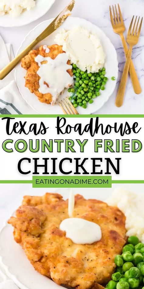 Have you ever had the Country Fried Chicken at Texas Roadhouse? It’s amazing and easy to make at home with this easy copycat recipe. You’ll love this simple copycat Southern Country Fried Chicken recipe. #eatingonadime #copycatrecipes #chickenrecipes #southernrecipes Baked Country Fried Chicken, All Day Recipes Dinners, Easy Country Fried Chicken, Easy Chicken Fried Chicken Recipe, Air Fried Chicken Fried Chicken, Southern Chicken Fried Chicken, Home Cooked Southern Meals, Chicken With Buttermilk Recipes, How To Make Chicken Fried Chicken