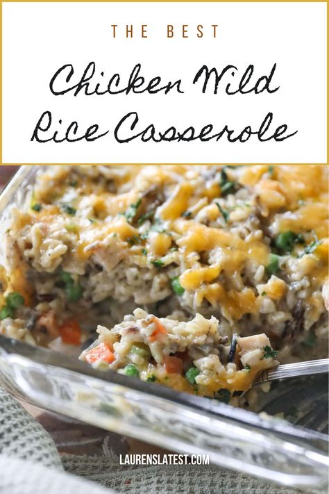 One of my favorites, this Chicken Wild Rice Casserole is a simple mixture of chicken, wild rice, frozen vegetables and cheese thats baked until bubbling! Chicken And Wild Rice Casserole Easy, Chicken Wild Rice Casserole, Chicken Wild Rice, Wild Rice Recipes, House Chicken, Wild Rice Casserole, Broccoli Rice Casserole, Casserole Easy, Chicken And Wild Rice