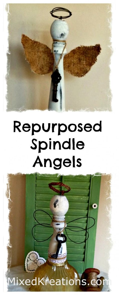 How to make two different spindle angels #RepurposedSpindles #SpindleAngel #upcycled #homedecor MixedKreations.com Wooden Spindle Angels, Upcycled Wood Spindles, Spindles Repurposed Christmas, Christmas Crafts Using Wooden Spindles, Diy Spindle Projects, Spindle Crafts Diy, Upcycled Spindles, Spindle Angels, Repurposed Spindles