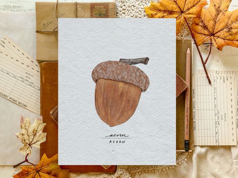 “The creation of a thousand forests is in one acorn.” 🌰🌳 - Ralph Waldo Emerson I painted this acorn poster for the “From Acorn to Oak Tree” Unit Study. Such a simple piece to enjoy in your home this fall!🍂 Tree Unit Study, Acorn Watercolor, Simple Fall Paintings, Oak Tree Painting, Acorn Drawing, Tree Unit, Watercolor Tags, Thanksgiving Watercolor, Acorn Painting