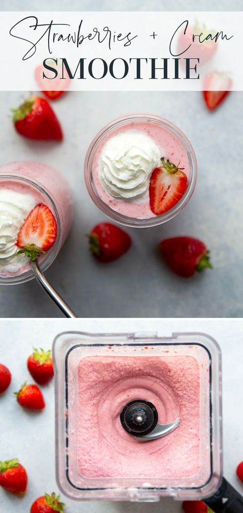 Bursting with sweet strawberry flavor and perfectly creamy, this strawberries and cream smoothie only needs 6 ingredients and blends together in 5 minutes! Fruit Smoothie With Ice Cream, Strawberry Milkshake Smoothie, Strawberry And Cream Smoothie, Strawberries Smoothie Recipes, Creamy Strawberry Smoothie, Best Strawberry Smoothie Recipe, Cream Smoothie Recipes, Strawberry Smoothie Recipe Healthy, Creamy Smoothie Recipes