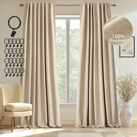 PRICES MAY VARY. PACKAGE INCLUDES:Sold as 2 panels, each measuring 52 inches wide and 108 inches long. Can be hung separately, or hung together with sheer curtains in MIULEE. HANGING OPTIONS:Each curtain panel has 2-in-1 top style design: rod pocket and back tab.3-inch inner diameter fits most standard rods. Curtains also can be hung with clip rings. 3 ways to meet your various needs. 100% BLACKOUT CURTAINS:MIULEE Linen Blackout Curtains ensure a completely dark room, isolate noise and protect p Curtains That Go With Greige Walls, Transitional Curtains Living Room, Rust Curtains Living Rooms, Bedroom Blackout Curtain Ideas, Bedroom Drapes Master, Beige Living Room Curtains, Tall Curtains Living Room, Black Out Window Treatments, Living Room Drapes Ideas