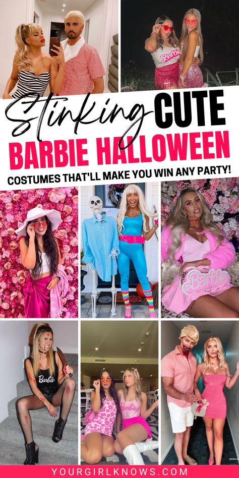 Are you looking for a Halloween costume that is both cute and unique? Check out our list of 23 seriously cute Barbie-inspired costumes for women! From vintage to modern, there's something for everyone. Click through now to start planning your perfect Halloween look. Barbie And Gi Joe Costume, Barbie Costume With Gogo Boots, Adult Barbie Costume Plus Size, Barbie Dress Up Ideas For Adults, Barbie Beach Party Outfit, Types Of Barbie Dolls, Best Friend Barbie Costume, Punk Rock Barbie Outfit, Preppy Barbie Halloween Costume