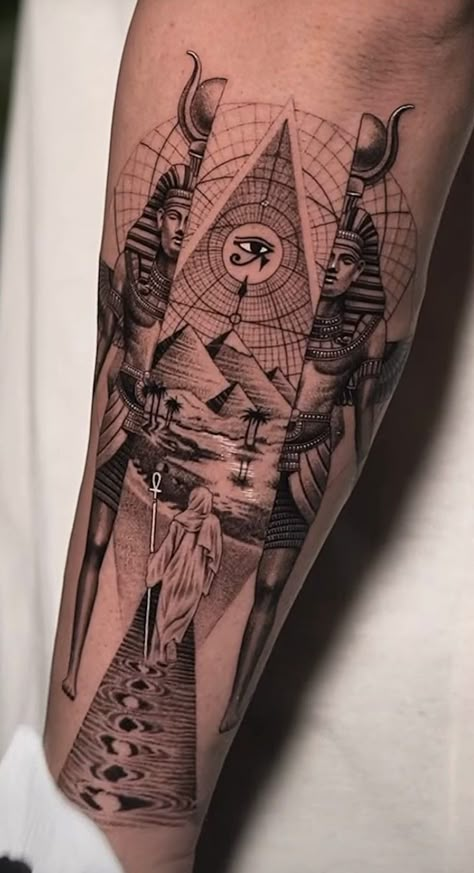 Egyptian Tattoo Designs Symbols, Egypt Leg Tattoo, Eypgt Art Tattoo, Egyptian Fine Line Tattoo, Ancient Aliens Tattoo, Ancient Egypt Tattoo Sleeve, Egyptian Style Tattoo, Egpty Gods Tattoo, Hathor Goddess Tattoo