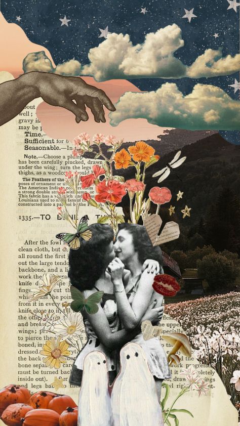 vibey #wlw #aesthetic #collage #gay #vintage #floral #books #newspaper Queer Collage, Poetry Collage, Wlw Aesthetic, Collage Project, Nature Collage, Love Collage, Photoshop Collage, Birds And The Bees, Lesbian Art