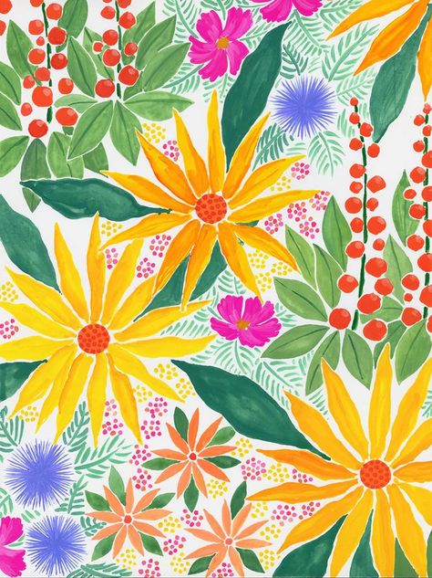 Paint Pen Flowers, Flowers Pattern Illustration, Summer Paintings On Canvas, Easy Floral Painting, Bright Summer Flowers, Yellow Flowers Painting, Summer Paintings, Paintings On Paper, Flowers Color