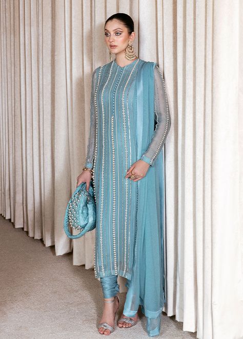 Luxury Light Blue Traditional Wear For Festive Occasions, Luxury Light Blue Salwar Kameez With Dupatta, Luxury Churidar For Eid Party, Luxury Hand Embellished Organza Salwar Kameez, Luxury Light Blue Kurta For Wedding, Luxury Chinon Salwar Kameez For Party, Luxury Raw Silk Salwar Kameez With Mirror Work, Luxury Traditional Salwar Kameez For Formal Occasions, Luxury Elegant Salwar Kameez With Cutdana