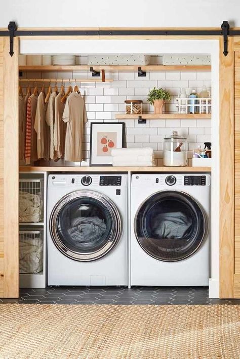 Laundry Nook, Hidden Laundry, Garage Laundry, Laundry Room Closet, Laundry Room Renovation, Laundry Room Cabinets, Laundry Room Inspiration, Laundry Room Remodel, Laundry Closet