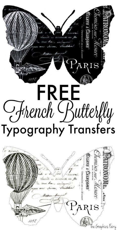 Fabulous French Butterfly Typography Transfers! - This is a great free printable… Butterfly Typography, Images Noêl Vintages, Diy Blanket Ladder, Foto Transfer, The Graphics Fairy, Wood Wall Art Diy, Free In French, Martha Stewart Crafts, Graphics Fairy