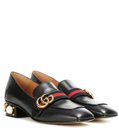 Leather mid-heel loafers | Gucci Loafers Gucci, Black Loafer Shoes, Oxford Shoes Outfit, Heel Loafers, Studded Loafers, Studded Shoes, Gucci Loafers, Mid Heel Shoes, Shoes Gucci