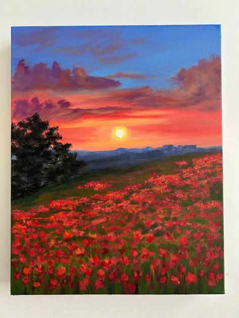 Original oil painting on stretched canvas. Perfect for those who love nature. Wonderful for gifts, home decoration, House warming presents, and collections Bring life to your home or office with this lovely piece of artwork.  All my paintings are in stock and ready to shipping. Signature on front and back of painting.  This painting is not framed, but I continued the painting on all sides of the canvas for ready to hang artwork on the wall.   Tracking number will be provided once painting has be Painting Idea Landscape, Frame Oil Painting, Spring Inspired Paintings, Colorful Nature Painting, Sunset Flower Painting, Sunset Field Painting, Easy Landscapes To Paint, Painting Ideas On Canvas Fall Aesthetic, Easy Paintings Landscape