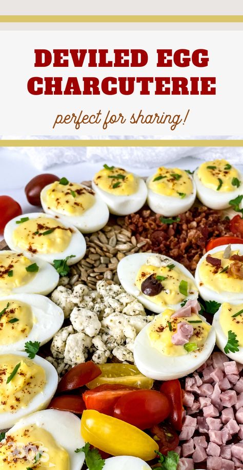 Talk about delicious! This Deviled Egg Charcuterie Board Recipe is perfect for holidays, tailgates, family gatherings, and more! Deviled Egg Charcuterie Board Ideas, Deviled Egg Bar Ideas, Deviled Eggs Board, Charcuterie Board With Deviled Eggs, Deviled Egg Display Ideas, Deviled Egg Board, Deviled Eggs Charcuterie Board, Deviled Egg Charcuterie Board, Egg Charcuterie Board