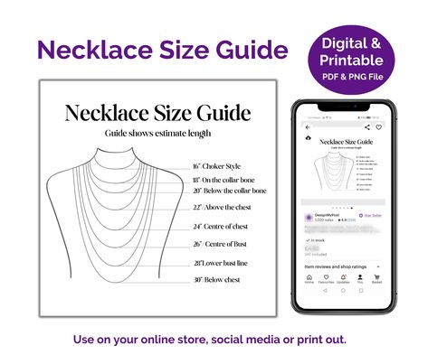 A new listing added to our Etsy store today and one for the Jewellery makers. Necklace Size Guide Printable and Digital template Easy to use length measurement chart Add to your jewellery shop or print as info cards More designs coming very soon! #etsy #necklacesizeguide #jewellerysellers https://etsy.me/3HO2a1U Length Measurement Chart, Necklace Inches Chart, Jewelry Pricing Formula, Canva Jewelry Template, Necklace Size Chart Chain Lengths, Necklace Length Chart Cm, Crystal Cards, Length Measurement, Basket Uses