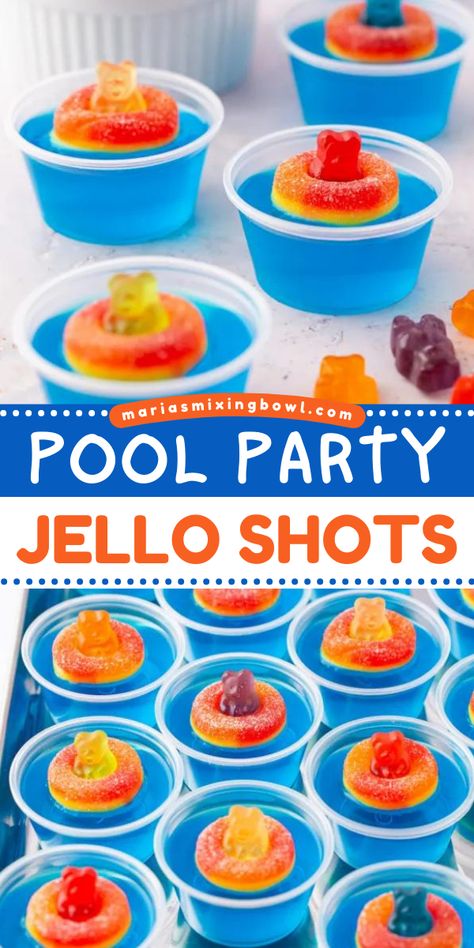 Celebrate with this summer cocktail recipe! You'll want them as one of your 4th of July alcoholic party drinks. Fun and festive with an amazing taste, these Pool Party Jello Shots are sure to be a hit! Pool Party Jello Shots, Alcoholic Party Drinks, Party Jello Shots, Lemon Jello Shots, Jello Flavors, Best Summer Cocktails, Lemon Jello, Gelatin Recipes, Party Drinks Alcohol