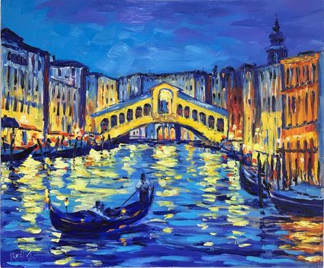 Venice Night, Beginners Canvas Painting, Roy Lichtenstein Pop Art, Lichtenstein Pop Art, Venice Painting, Italy Painting, Abstract City, Canvas Painting Tutorials, Roy Lichtenstein