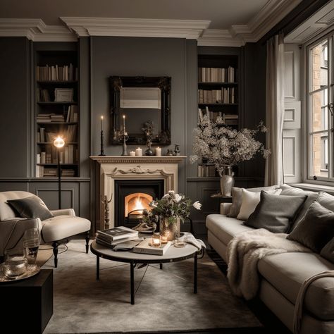 Dark Painted Lounge, Dark Wall Light Trim, Lounge Colours Inspiration, Painted Lounge Wall, London Apartment Aesthetic Bedroom, Dark Grey Sitting Room, Dark Ceiling Bedroom Paint Colours, Moody Snug Room, Dark Painted Rooms Interiors