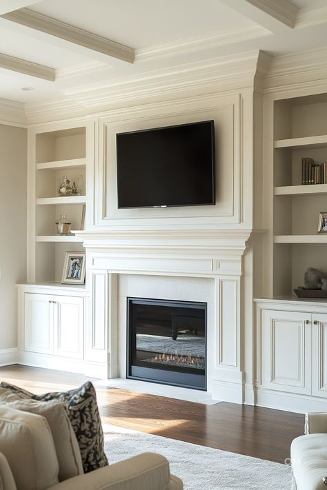 Built In Tv Over Fireplace, Family Room With Large Windows, Diy Built Ins Around Fireplace Vaulted Ceiling, Cabinet And Shelves Next To Fireplace, Tv And Built In Shelves, Mantel With Bookshelves, Fireplace Tv Wall Traditional, Recessed Built In Shelves Living Room, Floating Shelves Tv Fireplace