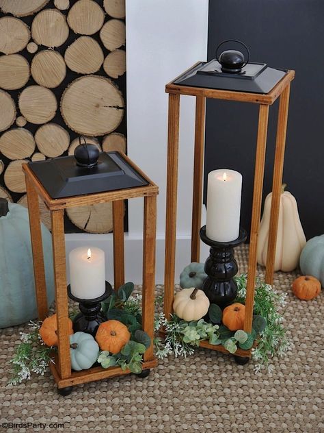 Easy DIY Modern Farmhouse Wood Lanterns - quick and easy to make high-end large lanterns made on a budget. Ideal to decorate your home for any season! by BirdsParty.com @BirdsParty #diy #homedecor #farmhouse #farmhousedecor #farmhouselanterns #modernfarmhouse #diylanterns #woodlanterns #magnoliahome #diyhomedecor Wooden Lantern Decor, Large Lantern Decor, Diy Wood Lanterns, Wood Lantern Diy, Diy Wooden Lantern, Wooden Lanterns Diy, Diy Modern Farmhouse, Wood Lanterns, Lanterns Diy