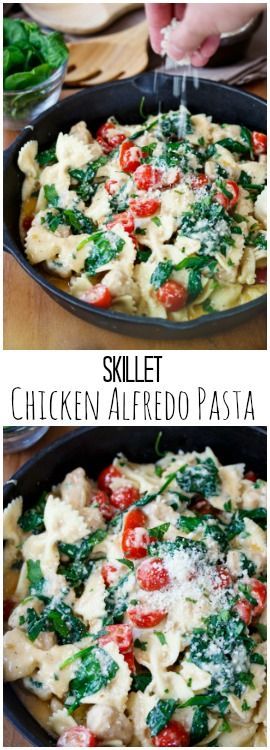 Bow tie pasta tossed in a rich & creamy alfredo sauce with chicken, spinach, and tomatoes. Ready in 30 minutes! Skillet Chicken Alfredo, Meatless Pasta Recipes, Meatless Pasta, Creamy Alfredo Sauce, Bow Tie Pasta, Pasta Recipes Alfredo, Chicken Alfredo Pasta, Chicken Spinach, Baked Pasta Recipes