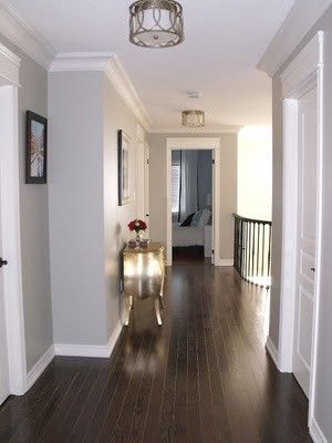 I have definitely found my paint color!! Love it!! hardwood floor with repose gray walls - Google Search                                                                                                                                                      More Grey Wall Color, White Molding, Repose Gray, Dark Floors, Revere Pewter, Real Estat, Hemma Diy, Dark Wood Floors, Diy Casa