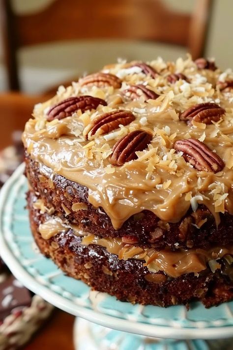 Homemade Traditional German Chocolate Cake German Chocolate Cake Icing, Homemade German Chocolate Cake, German Chocolate Cake Recipe, German Chocolate Cake, Delish Recipes, German Chocolate, Cake Icing, Homemade Desserts, Sweet Chocolate