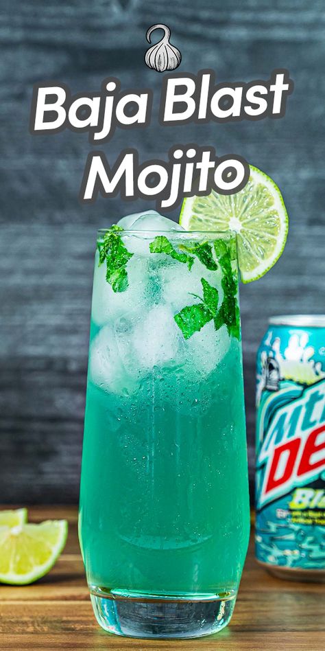 This refreshing summer Baja Blast Mojito is the perfect combination of lime and rum with the iconic soda pop flavor of Mountain Dew Baja Blast! It's the perfect drink to beat the summer heat! Via @umamiology Baja Blast Alcohol Drink Recipes, Mountain Dew Mixed Drinks, Baja Blast Cocktail, Mtn Dew Baja Blast, Mountain Dew Baja Blast, Friday Cocktails, Easy Drinks To Make, Baja Blast, Frozen Drink Recipes