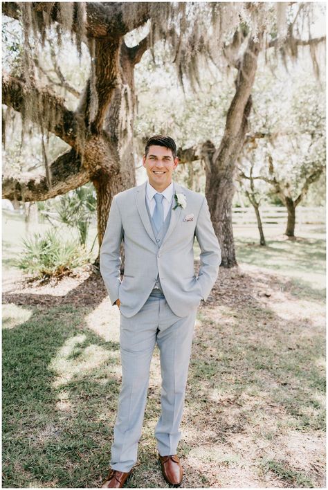 Dusty Blue Groom Attire, Dusty Blue Wedding Suit Groomsmen, Gray Suits For Men Wedding Dusty Blue, Light Grey Groomsmen Attire, Light Grey Wedding Suits For Men, French Blue Wedding Groomsmen, Dusty Blue Wedding Men, Tan Suit Light Blue Tie, Suits To Match Light Blue Dress