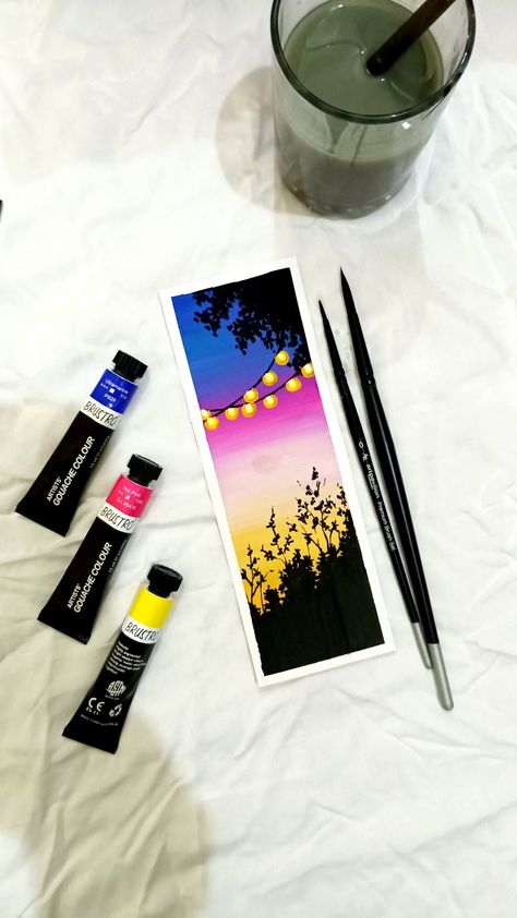 Magical evening view is painted with fairy lights and side trees with gouache paint. Bookmark Gouache, Diy Bookmark Ideas, Bookmark Diy, Diy Bookmark, Gouache Color, Bookmark Ideas, Watercolor Gouache, Bookmarks Handmade, Brush Set