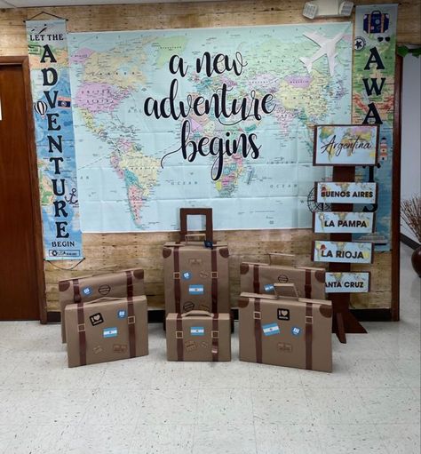 The World Awaits Party Theme, All Around The World Classroom Theme, Take Flight School Theme, Reading Around The World Theme, Vbs Around The World Theme, Adventure Awaits Library Theme, Multicultural Decorations Ideas, Around The World Homecoming Theme, Travel Theme Classroom Decorations