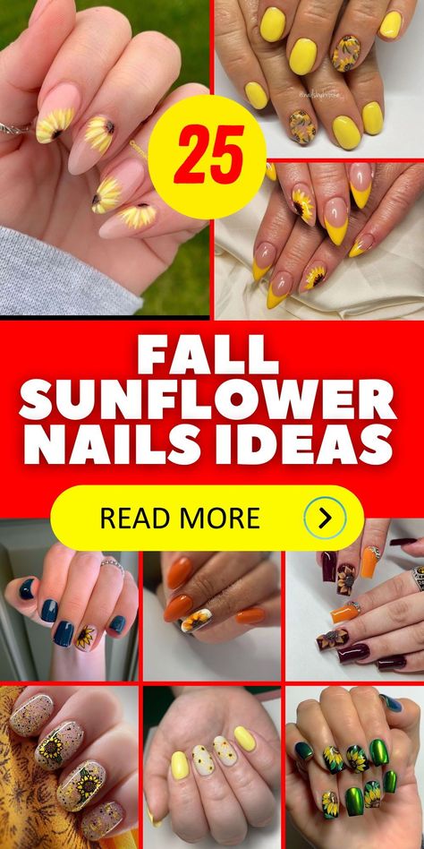 Create stunning fall sunflower nails with a mix of cute and elegant designs. Acrylic short nails can feature sunflower art in colors like red and yellow, while almond-shaped nails look chic with navy blue and sunflower patterns. These design ideas are perfect for autumn, fitting seamlessly into current fall trends. Whether you prefer simple or more detailed art, these nails are sure to impress at an affordable price. Nails With Navy Blue, Fall Sunflower Nails, Acrylic Short Nails, Sunflower Nail, Sunflower Nail Art, Sunflower Nails, September Nails, Short Gel Nails, Shaped Nails