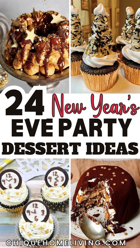 End the year on a sweet note with these 24 Mouthwatering New Year’s Eve Desserts! 🎉 From decadent chocolate mousse to sparkling champagne cupcakes, these treats will wow your guests and satisfy every craving. Looking for something festive? Try gold-dusted cookies or a glamorous dessert charcuterie board. Want easy options? No-bake cheesecakes and chocolate-dipped strawberries have you covered. Cake Ideas For New Years, Edible Glitter Desserts, New Year’s Eve Sweet Appetizers, New Year's Eve Cupcakes, New Years Eve Cakes Ideas, New Year’s Eve Themed Cookies, New Year Party Desserts, New Year Baked Goods, New Year’s Eve Dessert Party