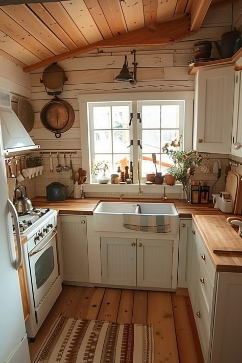 Add a unique touch to your tiny kitchen with creative mid-century modern ideas that emphasize both design and comfort. 🌟🏡 Rustic Farmhouse Tiny House, Tiny Home Set Up, Cabin Kitchen White Cabinets, Log Cabin White Kitchen, Tiny Cottage Interior Kitchen, Cottage Cozy Kitchen, Tiny Rustic House, Tiny House Kitchens Ideas, Cottage Core Tiny House Interior