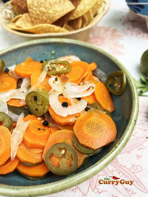 Mexican Pickled Carrots | Homemade Carrot and Chili Pickle | THE CURRY GUY Mexican Pickles, Mexican Pickled Carrots, Pickles Carrots, Jalapeno Chili, Pickled Carrots, Refrigerator Pickles, Light Snacks, Carrot Recipes, How To Grill Steak