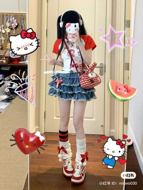 Hello Kitty Inspo Outfit, Kawaii Halloween Outfit, Decora Aesthetic Outfits, Hello Kitty Y2k Outfit, Sanrio Outfit Ideas, Hello Kitty Aesthetic Outfit, Hello Kitty Inspired Outfits, Hello Kitty Outfit Ideas, Y2k Cutecore