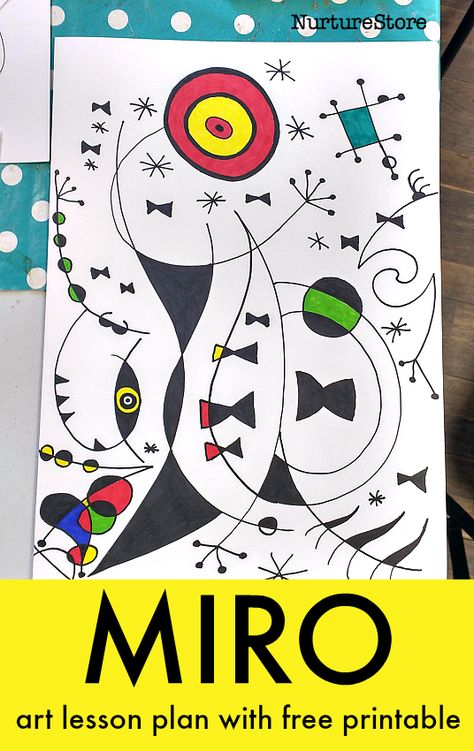 Joan Miró art lesson for children with free printable - NurtureStore Joan Miro Art, Miro Art, Abstract Art For Kids, Miro Paintings, Joan Miro Paintings, Famous Artists Paintings, Art Lesson Plan, Easy Art Projects, Art Therapy Activities