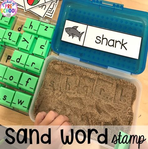 Sand writing center in a pencil box. Summer Themed Activities, Learning Outside, Preschool Ocean, Pocket Of Preschool, Ocean Unit, Ocean Activities, Balanced Literacy, Preschool Writing, Word Work Activities