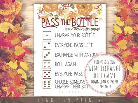 Play “Pass the Bottle” wine exchange game for a festive twist on Pass the Prize at this year's Friendsgiving party! Players take turns rolling a die to see where they will pass the bottle. Play until all the wine bottles are unwrapped! A great Thanksgiving game for groups of any size! Pass The Present Game, Thanksgiving Wine Bottle, Friendsgiving Game, Wine Exchange, Friendsgiving Potluck, Friendsgiving Games, Thanksgiving Wine, Friendsgiving Party, Wine Party