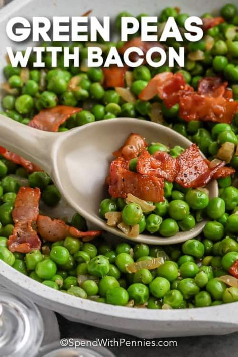 There are so few steps to making peas with bacon and it only uses 5 simple ingredients. Frozen peas, bacon, onions, & seasonings are all it takes to make this delish side dish! #spendwithpennies #peaswithbacon #sidedish #recipes #greenpeaswithbacon #onion #bacon #pasta #salad #cream Peas With Bacon, Bacon Side Dishes, Peas Bacon, Peas And Bacon, Green Peas Recipes, Bacon Pasta Salad, Salad Cream, Thanksgiving Food Sides, Quick Side Dishes