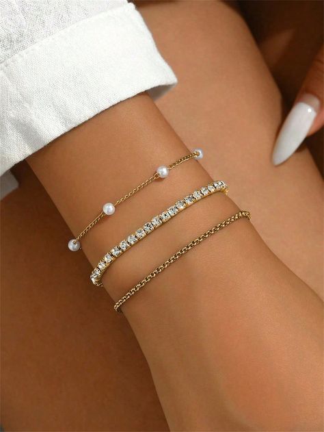 3pcs Elegant Lady Style Golden Single Strand Plastic Crystal & Pearl Elastic Bracelets Set, Adjustable Stainless Steel Bracelet, Suitable For Daily Wear And Gift Giving Gold Fashionable   Stainless Steel     Women Fashion Jewelry, size features are:Bust: ,Length: ,Sleeve Length: Dainty Bridesmaid Jewelry, Dainty Silver Bracelet Stack, Light Bracelet, Pearl Jewelery, Silver Bracelet Stack, Elastic Bracelets, Beachy Jewelry, Bracelet Christmas, Lady Style