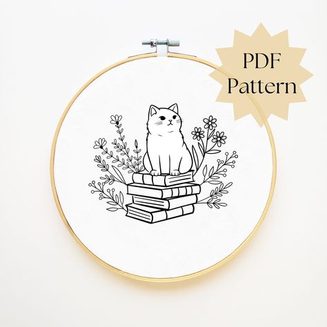 The listing is for DIGITAL FILE. No physical item will be shipped. The cat embroidery pattern is suitable for both beginner and advanced level. This simple flower book embroidery pattern can be used on clothing or embroidery hoop art as a wall decor ★YOU WILL RECEIVE★ * Transferring pattern instructions. * Patterns in size 3", 4", 5", 6", 7" and 8" ★IMPORTANT★ - ⛔ No stitch guides and no color guide for the patterns.⛔ - BE CREATIVE! enjoy and play around with your own color palettes and preferre Embroidery Bookshelf Pattern, Book Embroidery Ideas, Cat Embroidery Pattern Free, Simple Flower Embroidery Pattern, Embroidery Cat Patterns, Free Embroidery Patterns Printables, Book Embroidery Pattern, Bookish Embroidery, Embroidery Patterns Beginner