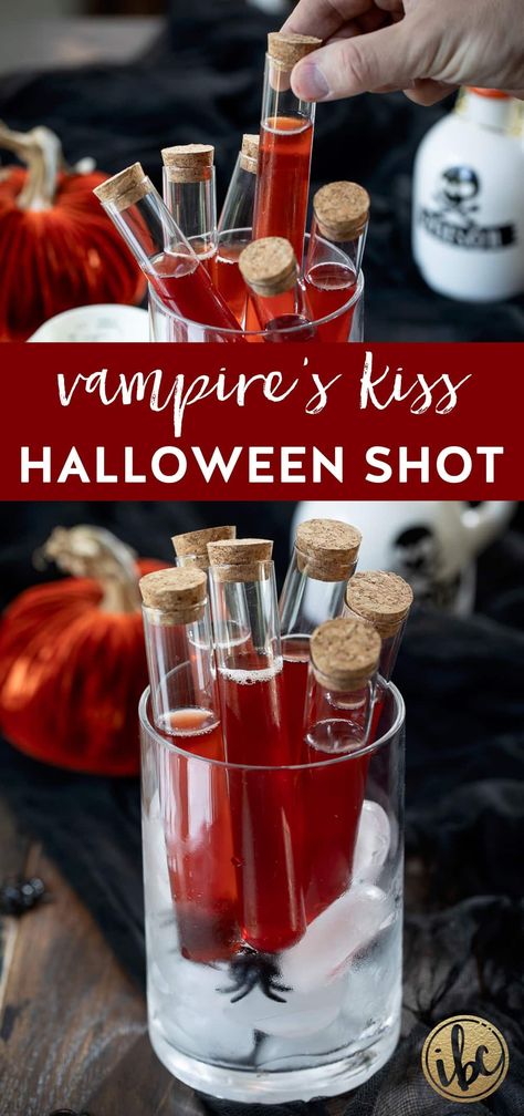 vampire's kiss halloween shot served in a glass vial with cork top. Halloween Drinks Alcohol Syringe, Potions Bar Halloween, Halloween Shots Recipes Easy, Halloween Frozen Drinks Alcohol, Vampire Kiss Jello Shots, Halloween Vial Shots, Halloween Test Tube Shots Recipes, Test Tube Shots Halloween, Potion Drinks Halloween