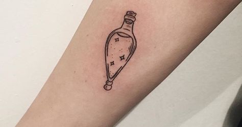 Olivia Harrison, Harry Tattoos, Luck Tattoo, Wand Tattoo, Felix Felicis, Hp Tattoo, Bookish Tattoos, Bottle Tattoo, Harry Potter Tattoo