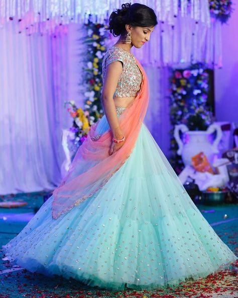 2,627 Likes, 44 Comments - Mrunalini Rao (@mrunaliniraodesign) on Instagram: “Client Aishwarya twirling perfect in Mrunalini Rao😍 #clientdiaries #mrunalinirao #mrunaliniraodesign” Sky Blue Lehenga, Wedding Reception Outfit, Pengantin India, Half Saree Lehenga, Indian Princess, Lehnga Dress, Saree Lehenga, Blue Lehenga, Half Saree Designs