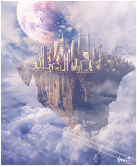 Futuristic Floating City Cyberpunk Cafe, Sims Exterior, Floating Cities, Fantasy Locations, Surreal Painting, Gothic Castle, Floating Island, Floating City, Diamond Dust