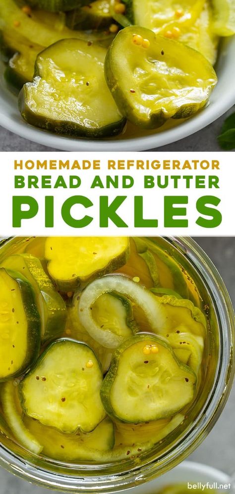 These homemade refrigerator bread and butter pickles are sweet, zesty, and crunchy. A perfect condiment for a burger or sandwich, or enjoy them as a snack on their own. This recipe is so easy and doesn't require any canning skills! Refrigerator Bread And Butter Pickles, Pickles Homemade Easy, Bread N Butter Pickle Recipe, Pickle Recipes Homemade, Bread And Butter Pickles, Butter Pickles, Canning Pickles, Homemade Bread Easy, Pickle Butter