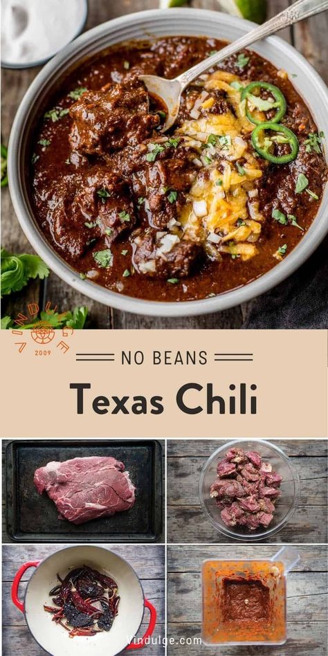 This Texas Chili Recipe has the fundamentals of an authentic Texas inspired meal. Meat, specifically chuck meat, chile, and beer. No beans. Tx Chili Recipe, Beef Tip Chili, Texas Chili With Stew Meat, Texas Style Chili No Beans, Authentic Texas Chili Recipe, Types Of Chili Recipes, Chili With Roast Meat, Texas Brisket Chili, Texas Red Chili Recipes